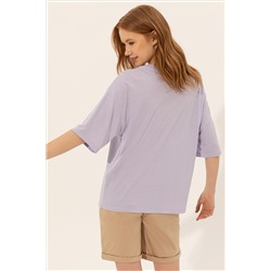 Kadın Lila Bisiklet Yaka Oversize Tişört