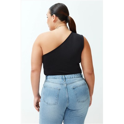 Siyah Asimetrik Yakalı Alttan Çıtçıtlı Örme Body TBBSS24AF00066