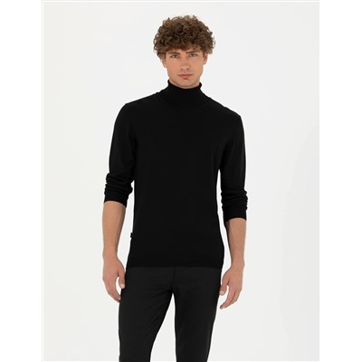 Siyah Slim Fit Balıkçı Yaka Basic Triko Kazak
