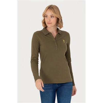 Kadın Haki Basic Polo Yaka Sweatshirt