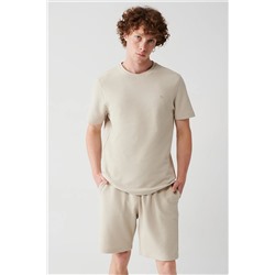 Avva Erkek Bej %100 Pamuk Bisiklet Yaka Jakarlı Örme Standart Fit Normal Kesim T-shirt A31y1164 A31Y1164