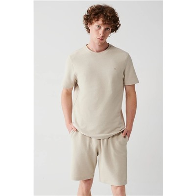 Avva Erkek Bej %100 Pamuk Bisiklet Yaka Jakarlı Örme Standart Fit Normal Kesim T-shirt A31y1164 A31Y1164