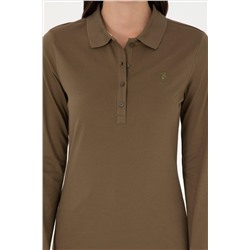 Kadın Haki Basic Polo Yaka Sweatshirt