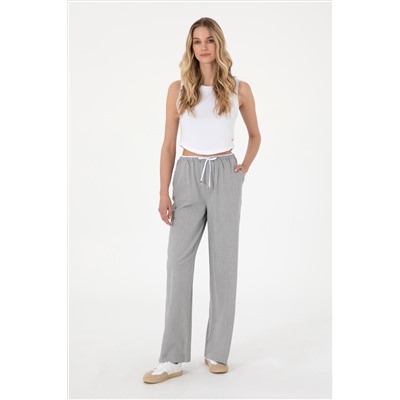 Kadın Gri Bel Detaylı Loose Fit Kanvas Pantolon