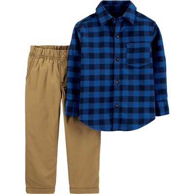 2-Piece Plaid Button-Front Top & Canvas Pant Set