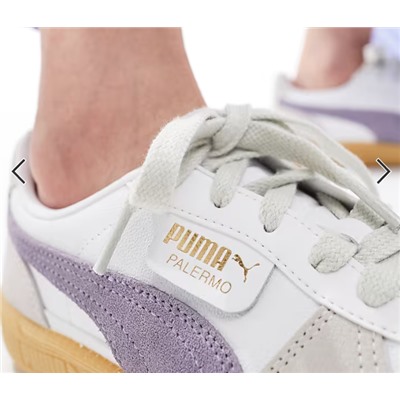 PUMA Palermo leather sneakers with gum sole in white and lilac