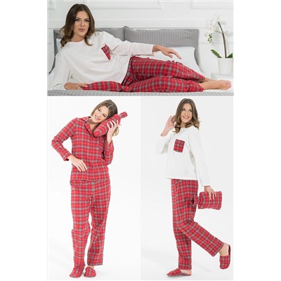 FOR YOU MODA 5'li Terlikli Kırmızı Ekoseli Pijama Takımı S26796
