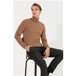 Erkek Camel Melanj Balıkçı Yaka Basic Triko Kazak