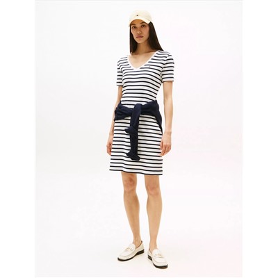 Striped Ribbed V-Neck T-Shirt Dress
