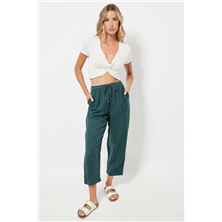 Pantalón relaxed fit de lino cintura alta - Verde oscuro