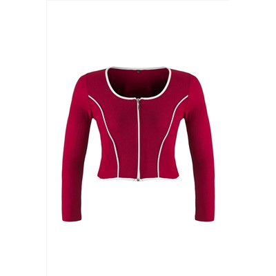 Bordo Teen Kontrast Biye Detaylı Fitted/Vücuda Oturan Fermuarlı Yaka Esnek Örme Bluz TBBAW26AF00041