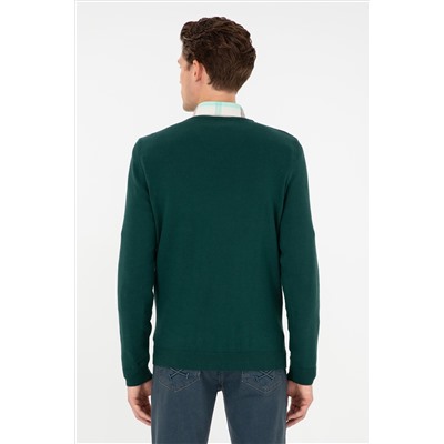 Erkek Slim Fit V Yaka Yeşil Basic Kazak