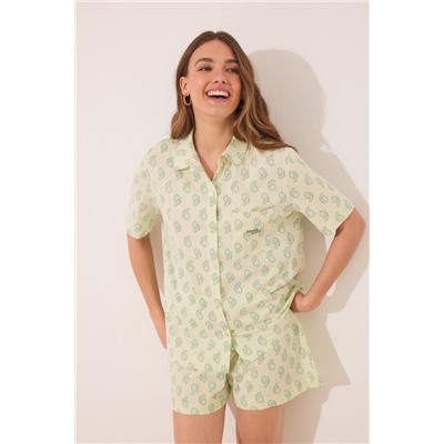 Pijama corto camisero algodón Paisley verde