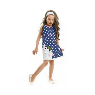 Denokids Tombiş Kedi Poplin Puantiyeli %100 Pamuk Kız Çocuk Lacivert Elbise CFF-23Y1-011