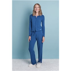 Pijama largo algodón canalé suave azul