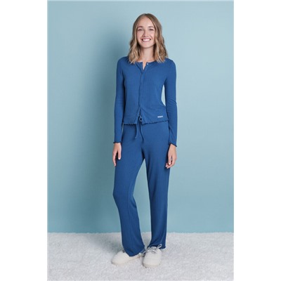 Pijama largo algodón canalé suave azul