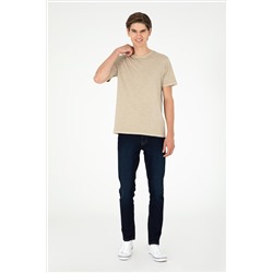 Erkek Regular Fit Bisiklet Yaka Açık Haki Basic Tişört