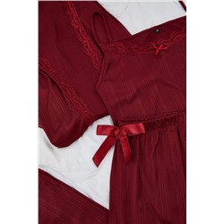 Bordo 3'lü Paket Bağlama ve Dantel Detaylı Örme Pijama Takımı TBBAW26AI00040
