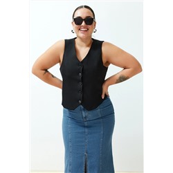 Siyah Fitted Crop Düğmeli Dokuma Büyük Beden Yelek TBBSS24BH00003