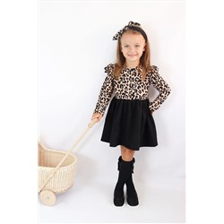Parla Kids Kız Çocuk Leopar Desenli Uzun Kollu Fırfırlı Elbise Bandana Takım ELB-0059