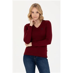 Kadın Bordo V - Yaka Basic Kazak