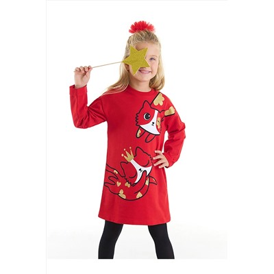Denokids Simli Kedi Kız Çocuk Kırmızı Elbise CFF-22K1-013