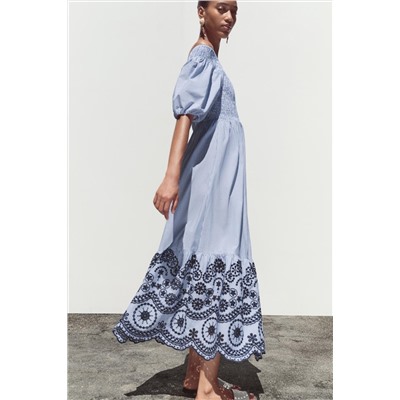 STRIPED EMBROIDERED MIDI DRESS