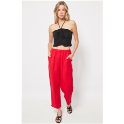 Pantalón recto 7/8 con cintura alta de lino Rojo