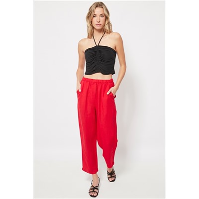 Pantalón recto 7/8 con cintura alta de lino Rojo