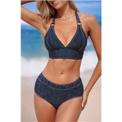 Denim-Effect Plunging Bikini Bralette & Cheeky Bottoms Set