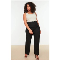 Siyah Straight/Düz Kesim Yüksek Bel Nervür Dikişli Dokuma Pantolon TBBSS22PL0301