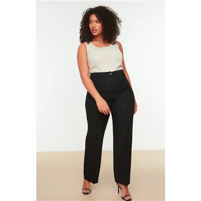 Siyah Straight/Düz Kesim Yüksek Bel Nervür Dikişli Dokuma Pantolon TBBSS22PL0301
