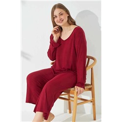 Siyah İnci Bordo Soft Touch Ince Curve Büyük Beden Battal Boy Örme Pijama Takım 7663
