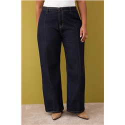 Koyu Mavi Yüksek Bel Kemerli Geniş Paça Denim Büyük Beden Jeans TBBAW26CJ00031