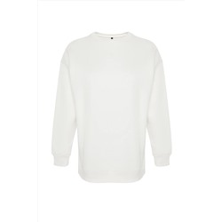 Bej Kalın İçi Polarlı Yırtmaçlı Oversize/Bol Kesim Örme Büyük Beden Sweatshirt TBBAW24AO00003