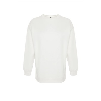 Bej Kalın İçi Polarlı Yırtmaçlı Oversize/Bol Kesim Örme Büyük Beden Sweatshirt TBBAW24AO00003