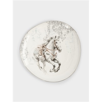 Тарелка закусочная, 21 см, фарфор N, белая, с серебристым кантом, Конь, White horse