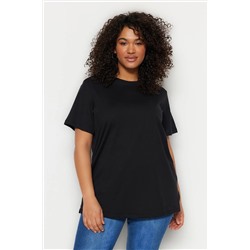 Trendyol Curve Siyah Petrol Boyfriend Bisiklet Yaka Yırtmaçlı %100 Pamuk Örme T-Shirt TBBSS22BF0031