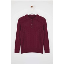 Koyu Vişne Polo Yaka Saç Örgülü İnce Triko Bluz TBBAW26AF00005