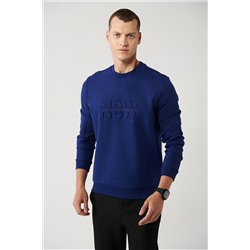 Avva Erkek Saks Interlok Kumaş Bisiklet Yaka Gofre Baskılı Sweatshirt A32y1374 A32Y1374
