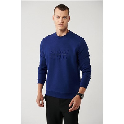 Avva Erkek Saks Interlok Kumaş Bisiklet Yaka Gofre Baskılı Sweatshirt A32y1374 A32Y1374