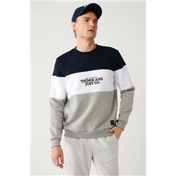 Avva Erkek Lacivert-Bayaz-Gri Bisiklet Yaka Parçalı Sweatshirt A32Y1197