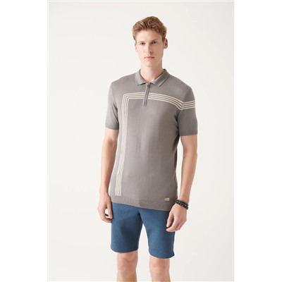 Avva, Erkek Gri Fermuarlı Çizgi Detaylı Polo Yaka Triko T-shirt A31y5127