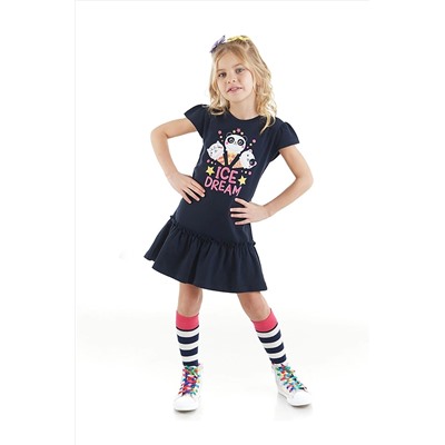 Denokids Dondurma Rüyası Pamuklu Kız Çocuk Lacivert Elbise CFF-23Y1-001