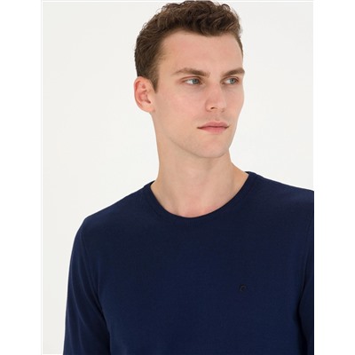 Açık Lacivert Slim Fit Bisiklet Yaka Basic Triko Kazak