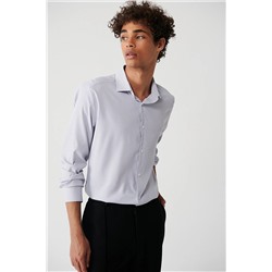 Avva Erkek Gri Klasik Yaka Çizgili Travel Slim Fit Gömlek A32Y2108