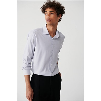 Avva Erkek Gri Klasik Yaka Çizgili Travel Slim Fit Gömlek A32Y2108