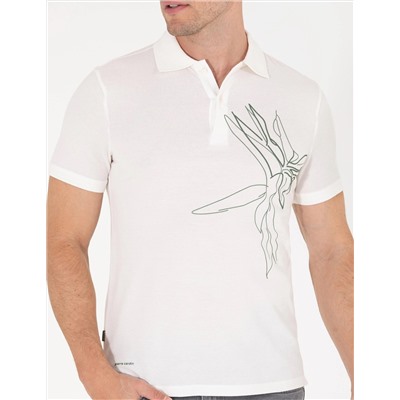 Ekru Slim Fit Baskılı Polo Yaka Tişört