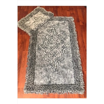 Zeria Home Rumeli Eskitme Kenar Makarna Pamuklu Banyo Paspası 2'li Set Gri RML-3