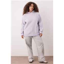Lila Kapüşonlu Slogan Detaylı İçi Polar Kalın Örme Sweatshirt TBBAW24AO00018